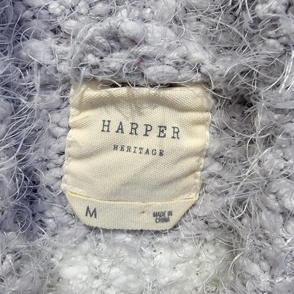 Harper Heritage Gray White Striped Hooded Sweater Cozy Puff Ball Drawstring Sz M - Picture 8 of 12
